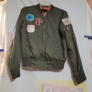 Satin Bomber Jacket by Iris Zip Front Patches Womens Size Small